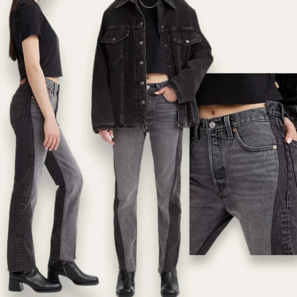 Levis Premium 501 Spliced Jeans 34x32 Parallel Universe Black Button Fly Raw Hem